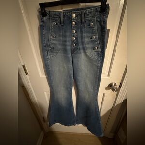 7 for all man kind High-Rise Button-Front Flared Jeans in Medium Blue